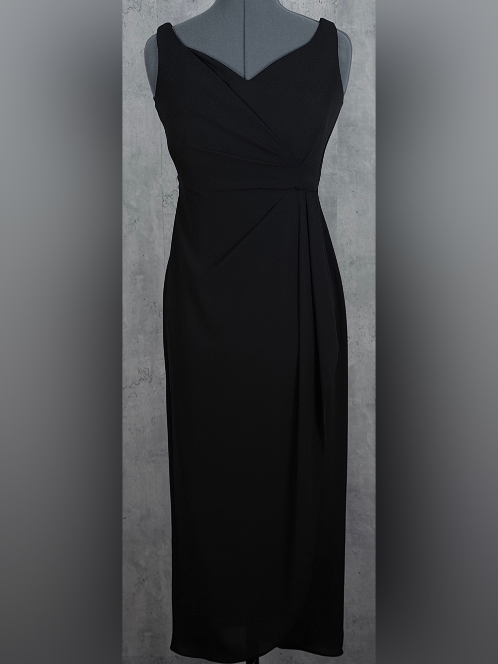 Warren New York Petites Black Crepe V Neck Pleated Sheath Evening Maxi Dress 6